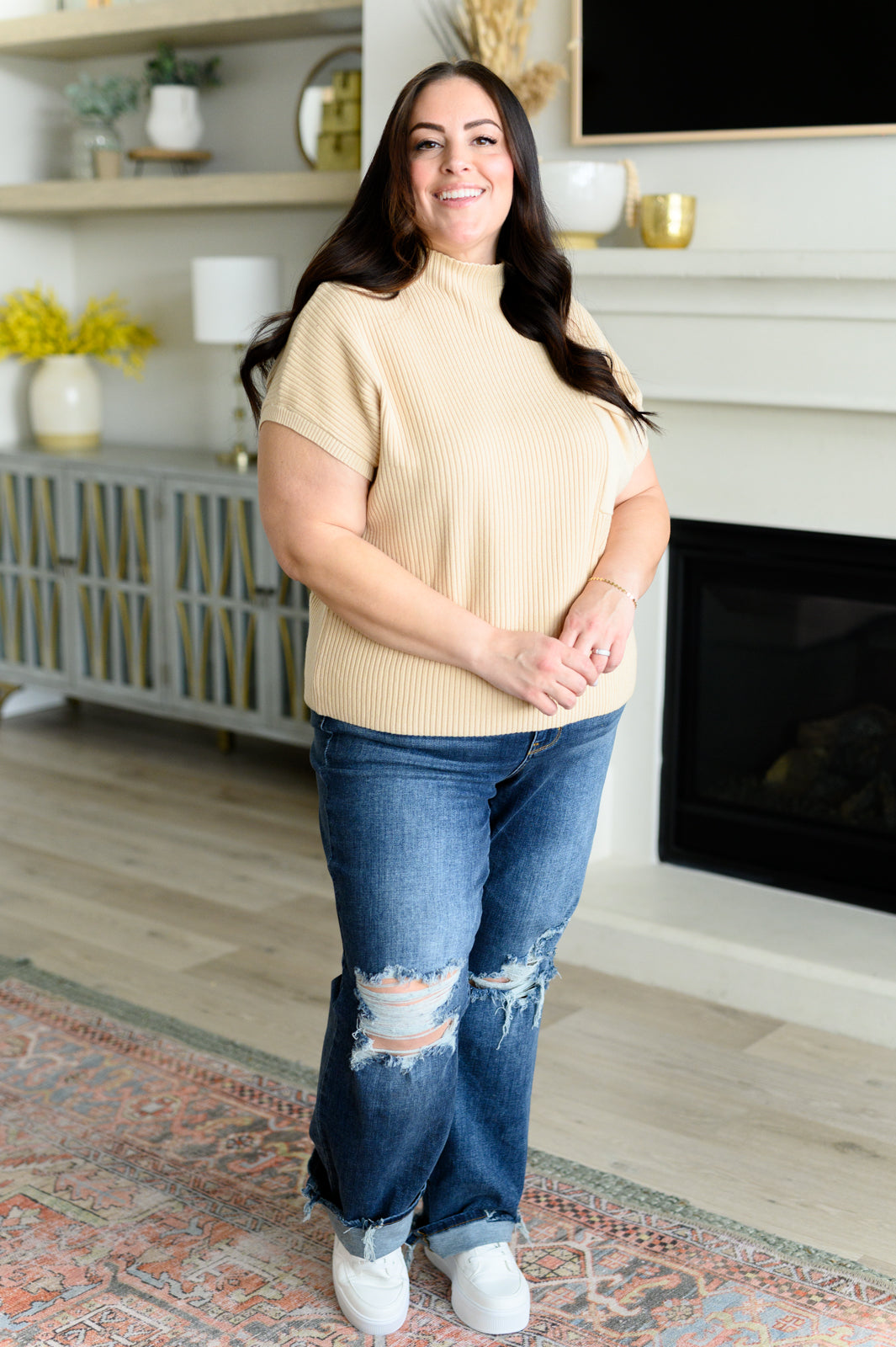 This Little Life Mock Neck Short Sleeve Sweater in Oatmeal - 3/3/2025