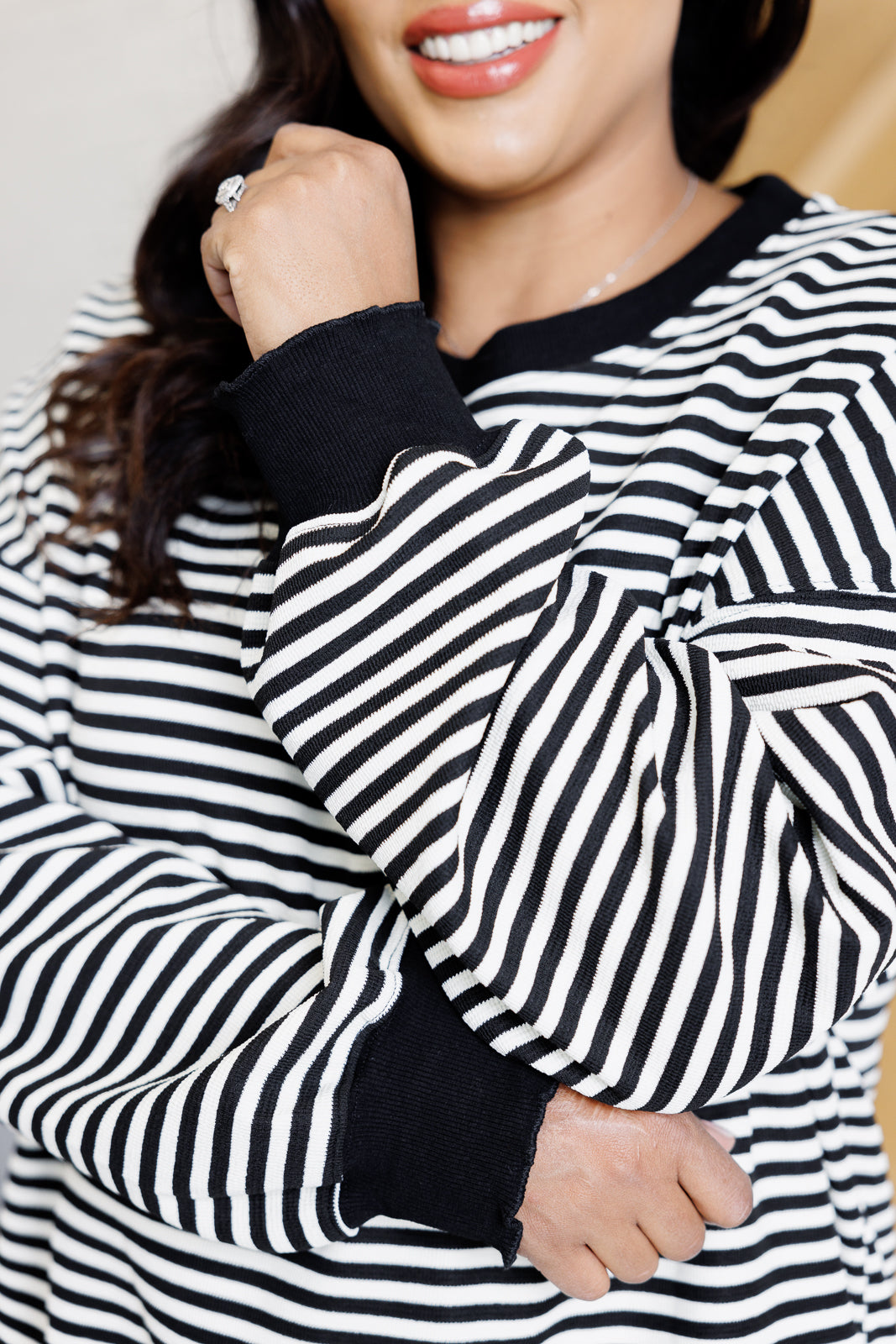 Too Good to Be True Striped Drop Shoulder Top in Black - 1/16/2025