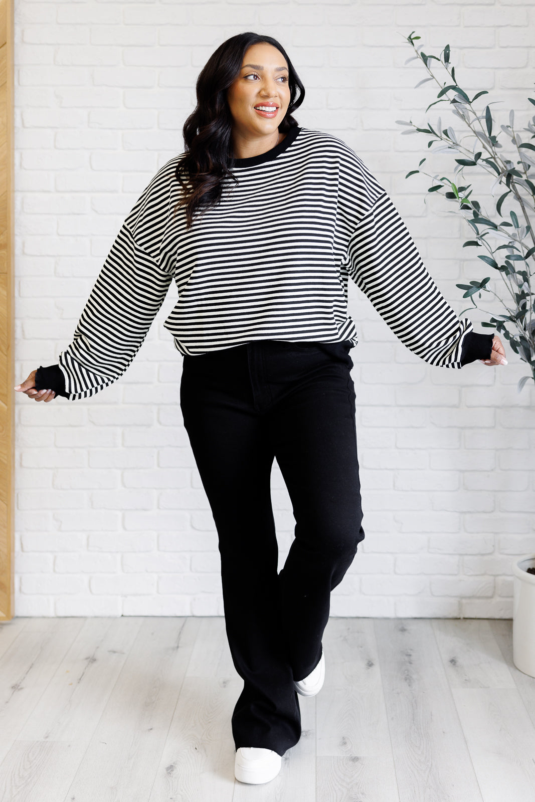 Too Good to Be True Striped Drop Shoulder Top in Black - 1/16/2025