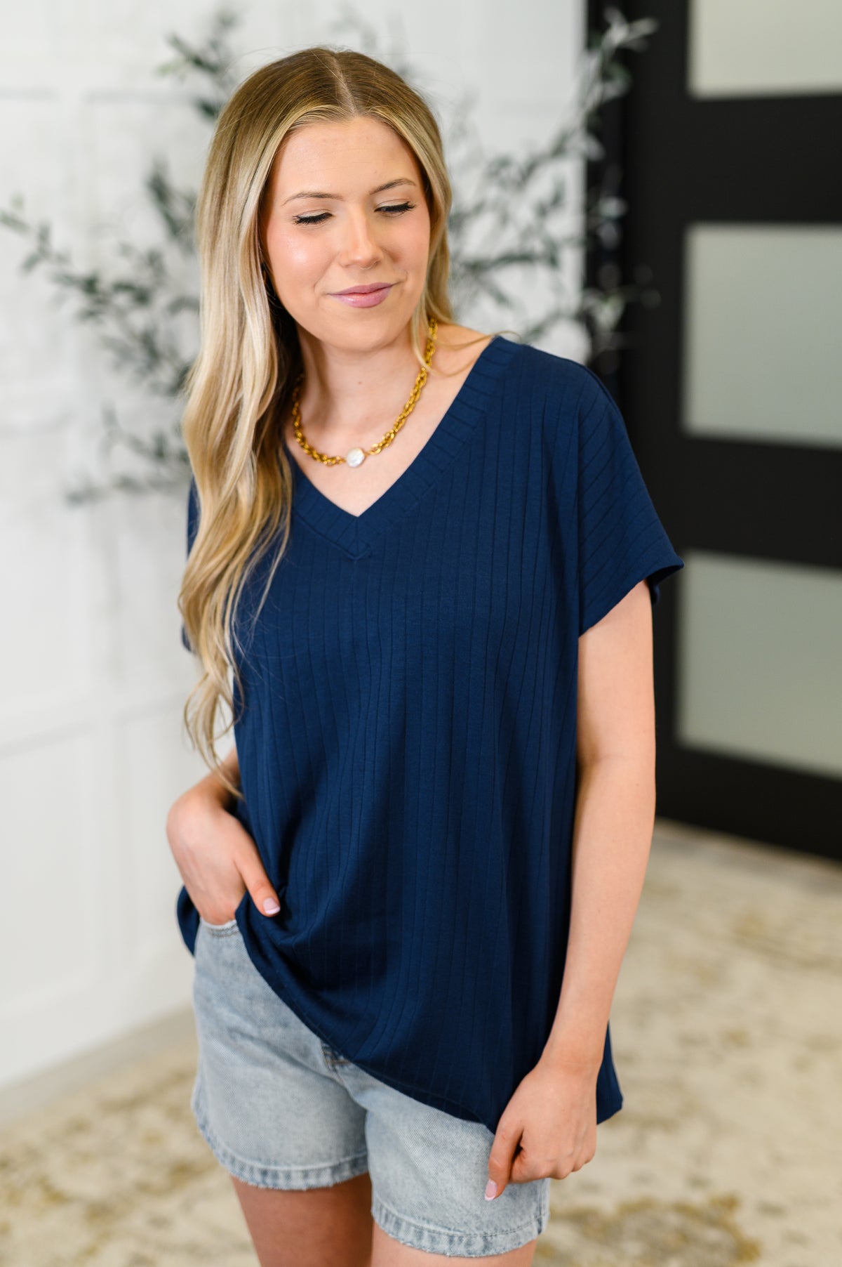 Top Shelf Basic V-Neck Ribbed Tee in Navy - 6/17/2025 NEW