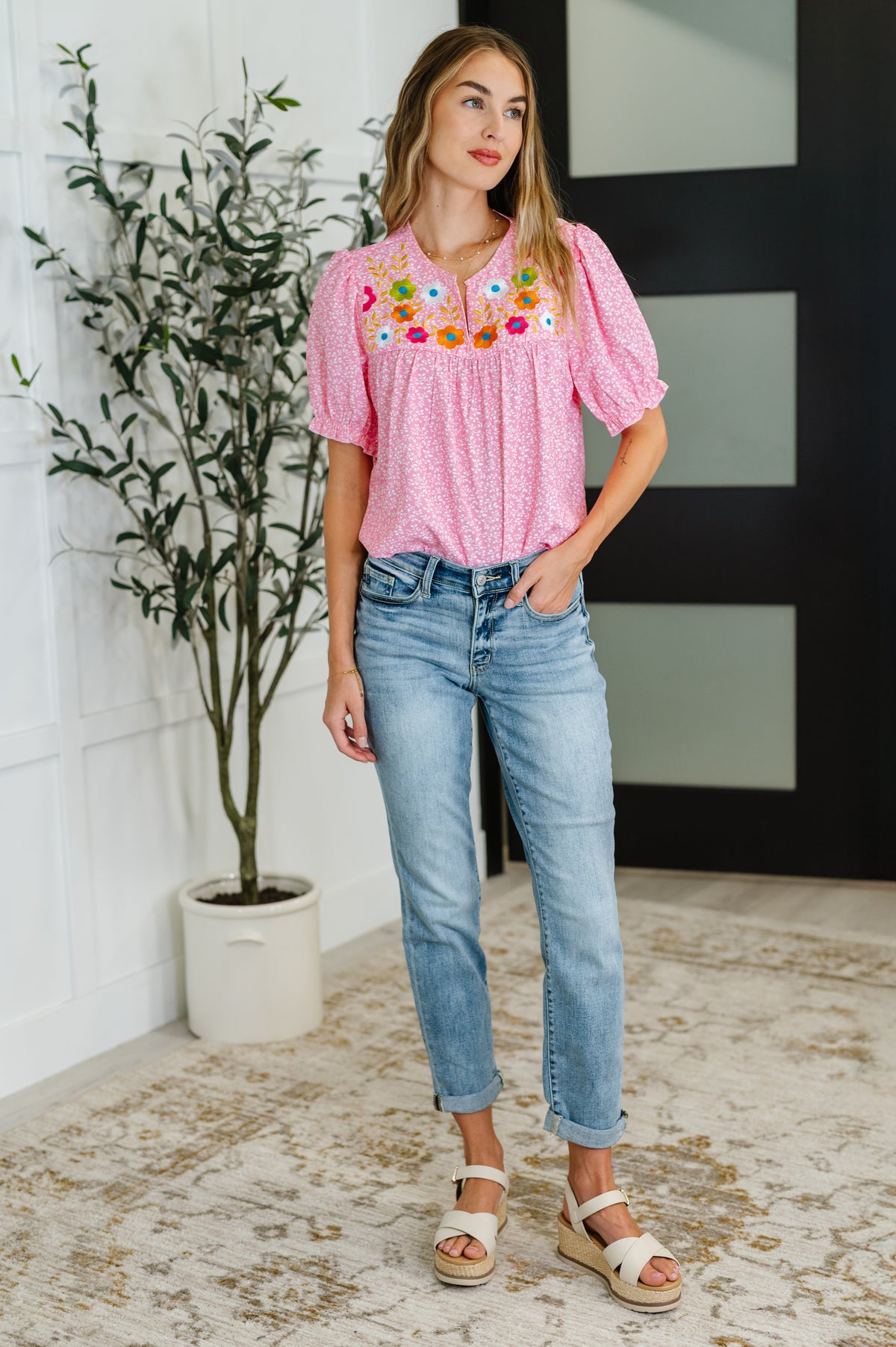 Wander Bloom Embroidered Puff Sleeve Blouse in Pink - 8/12/2025 NEW