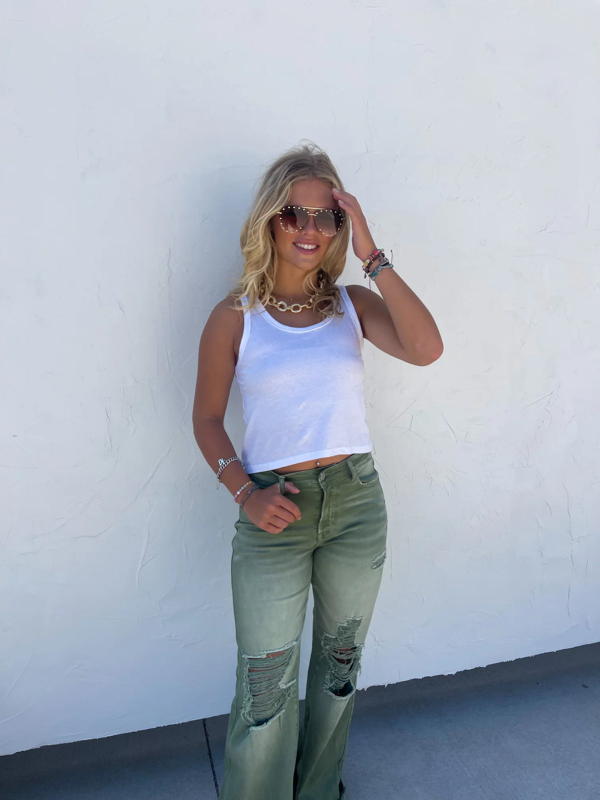 Blakeley Distressed Jeans In Olive and Camel - RTS