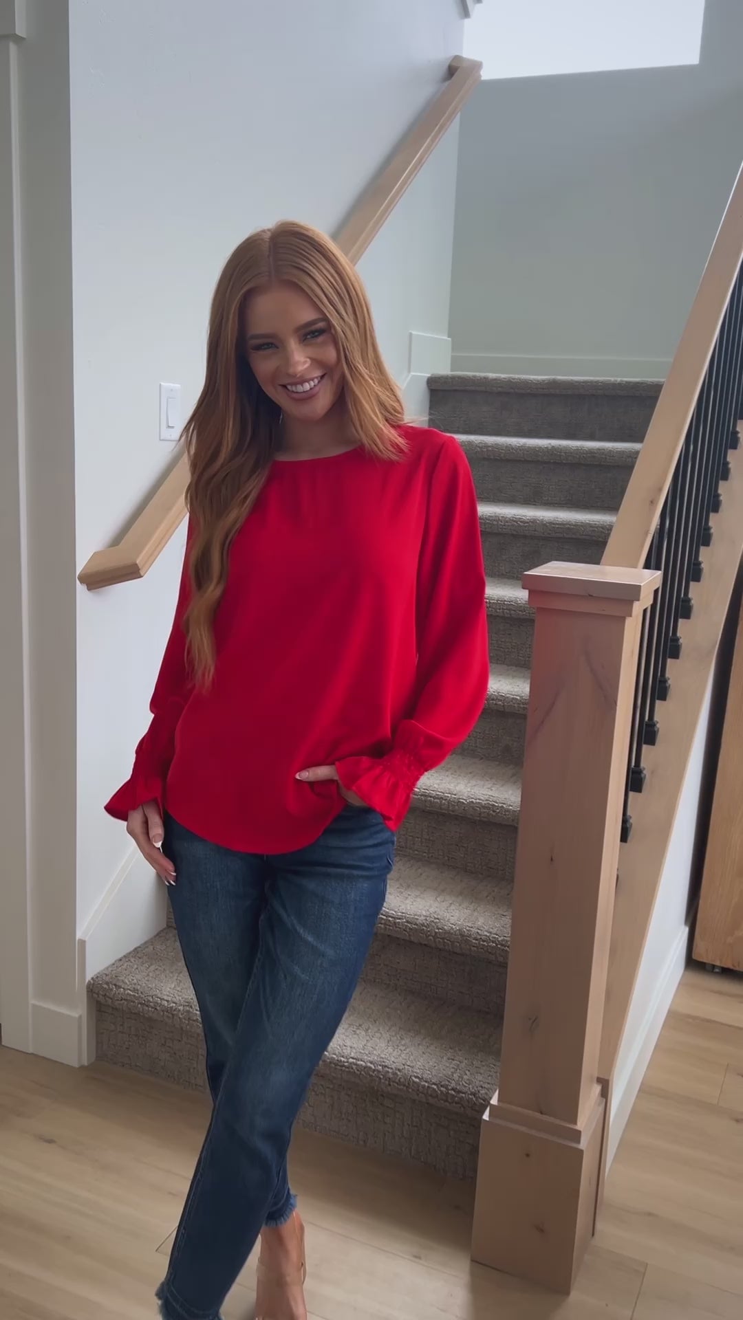Peaceful Moments Smocked Sleeve Blouse in Red - 11/3/2023