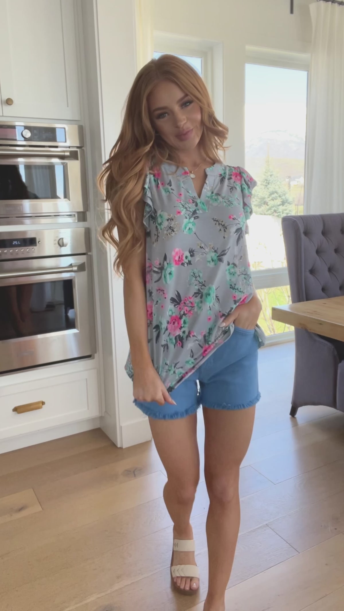 Lizzy Flutter Sleeve Top in Grey and Mint Floral - 5/10/2024