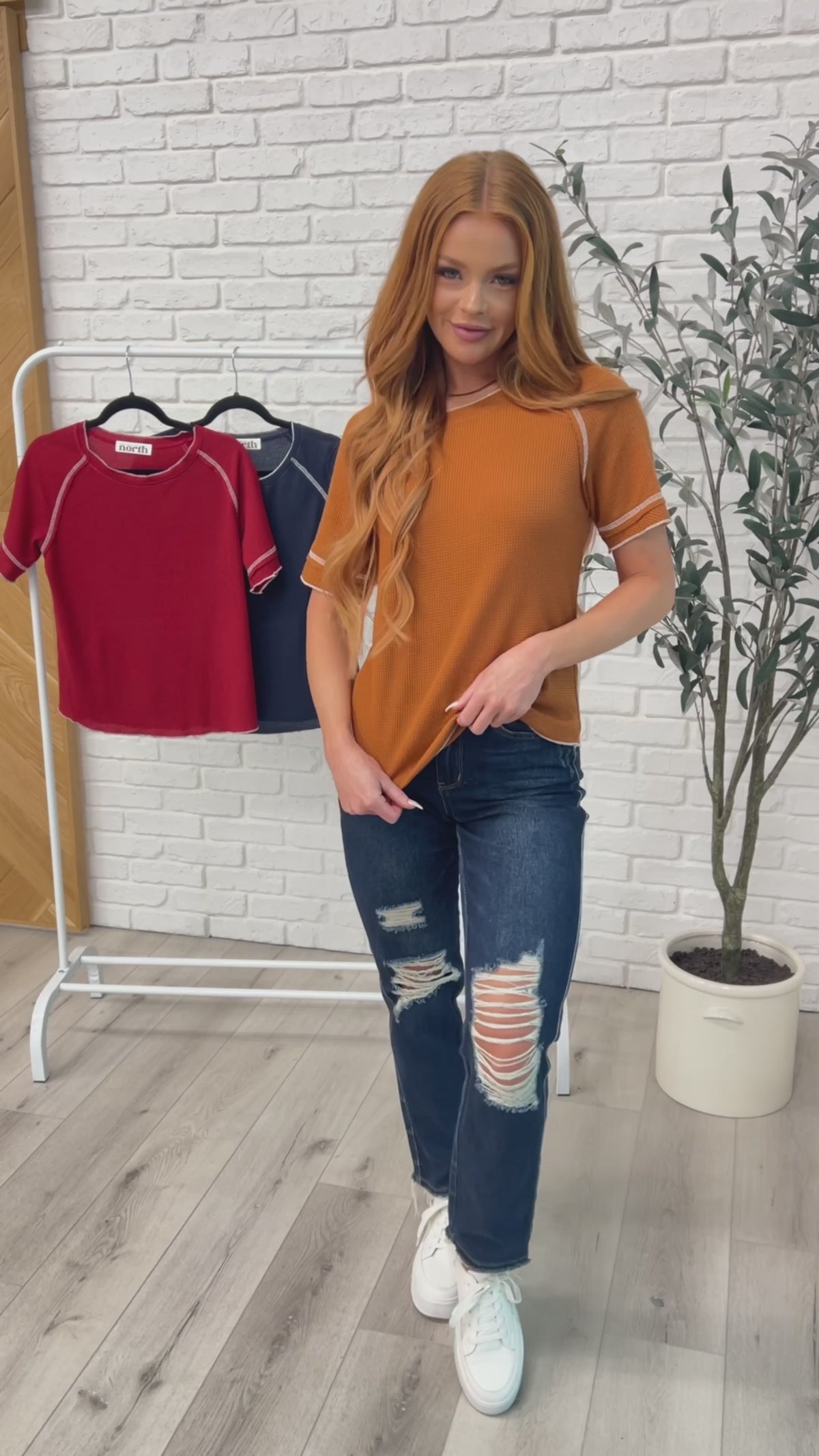 Heartbreaker Waffle Knit Tee in Chestnut - 9/11/2025