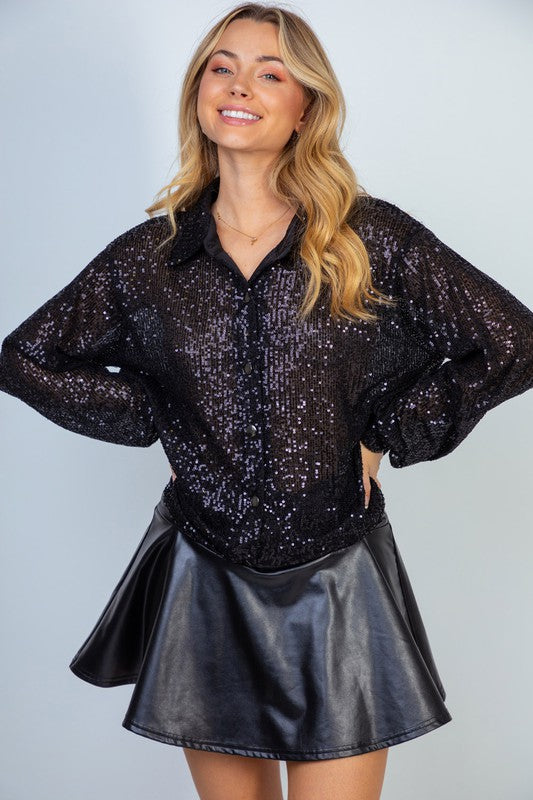 Sequin Mesh Knit Button Down Top in Black