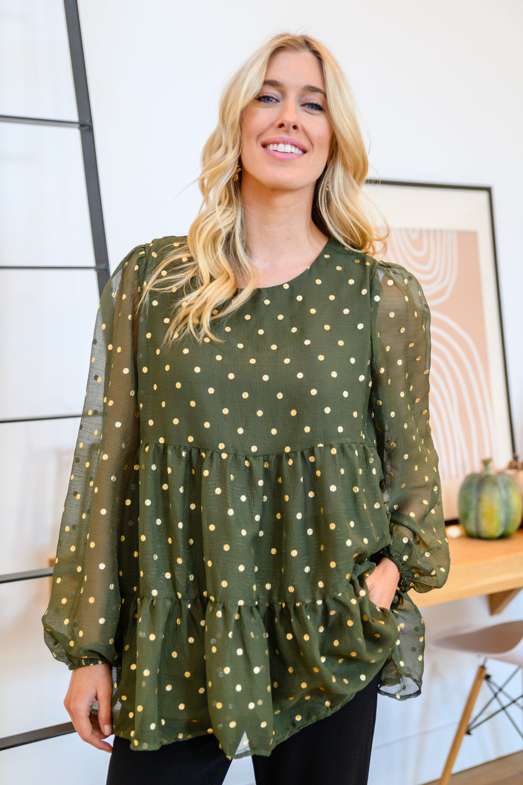 Coya Metallic Dot Tiered Blouse in Olive - 12/1/2022