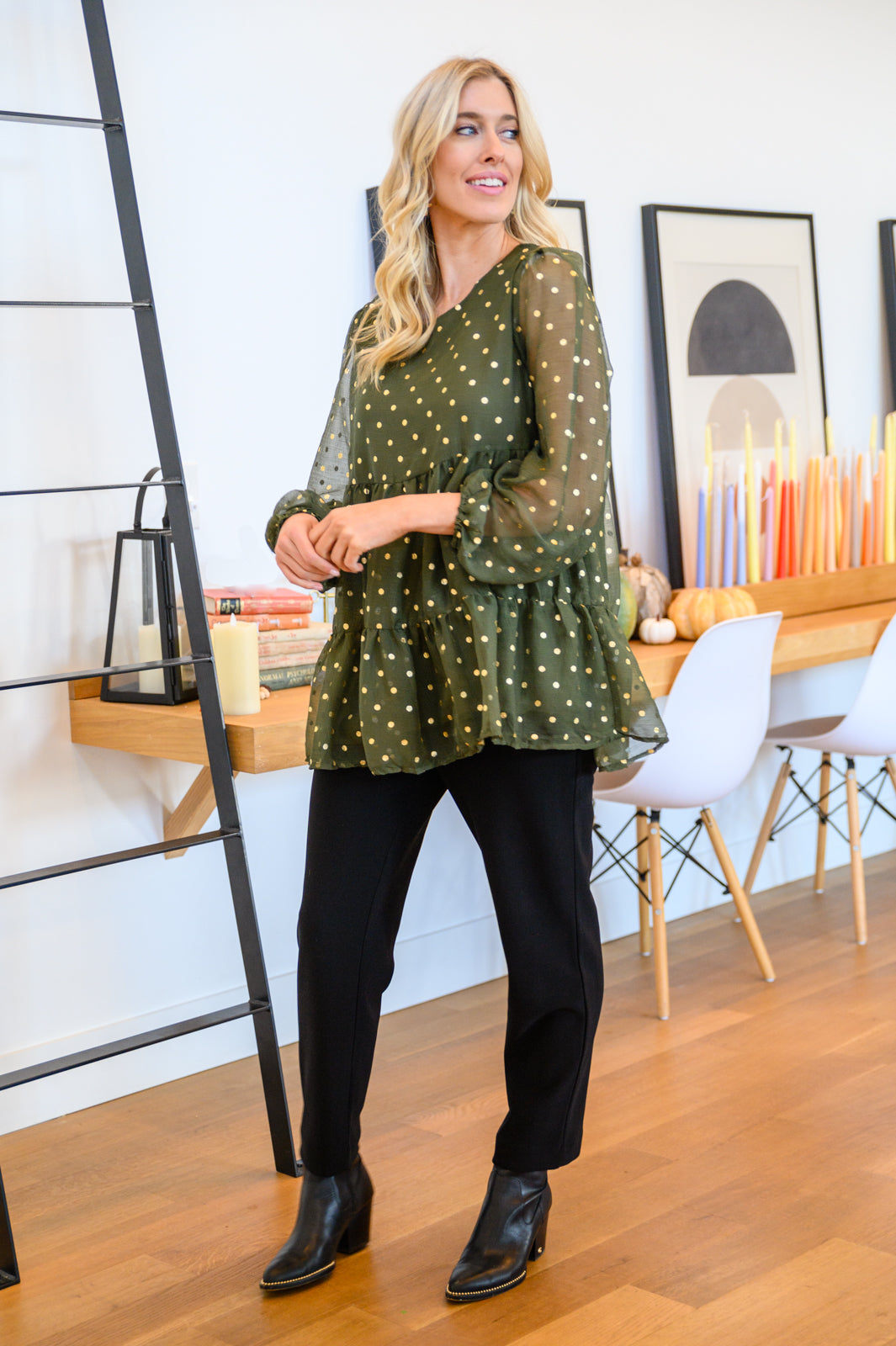 Coya Metallic Dot Tiered Blouse in Olive - 12/1/2022