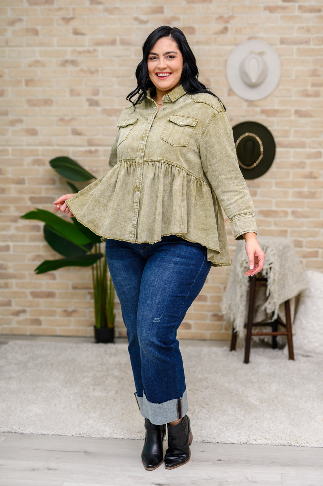 Green Tea Button Up Long Sleeve Top in Olive - 1/10/23
