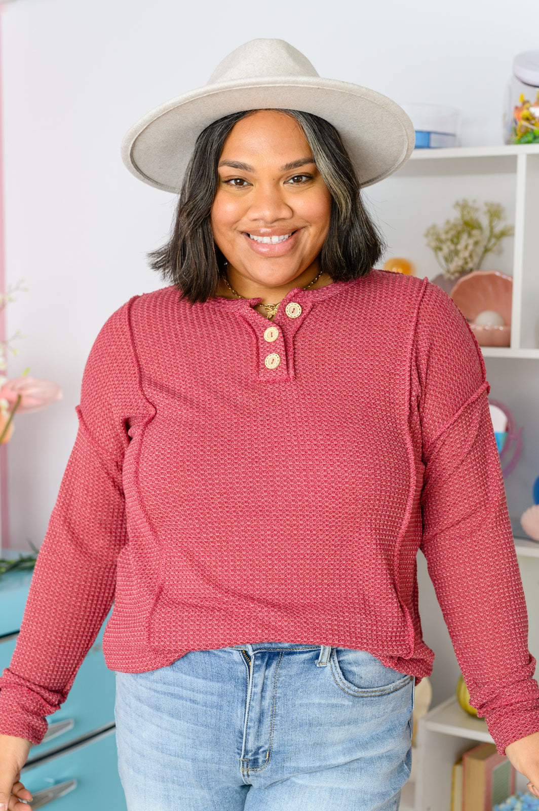 Lean Into Something Cozy Waffle Knit Top in Marsala - 1/17/2023
