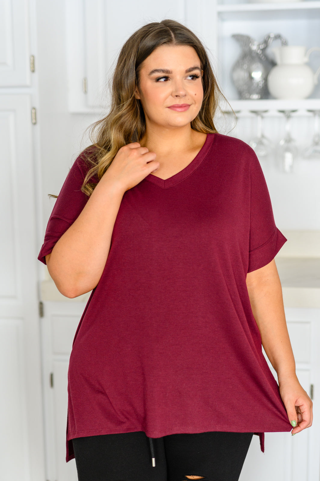 Let The Days Pass By Short Sleeve Top in Burgundy - 12/27/2022