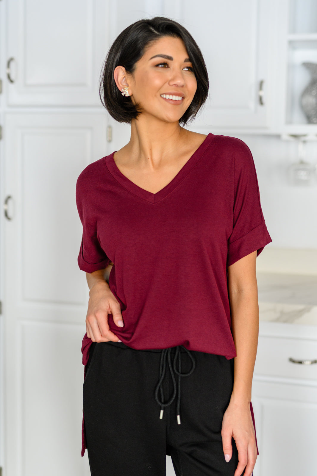 Let The Days Pass By Short Sleeve Top in Burgundy - 12/27/2022