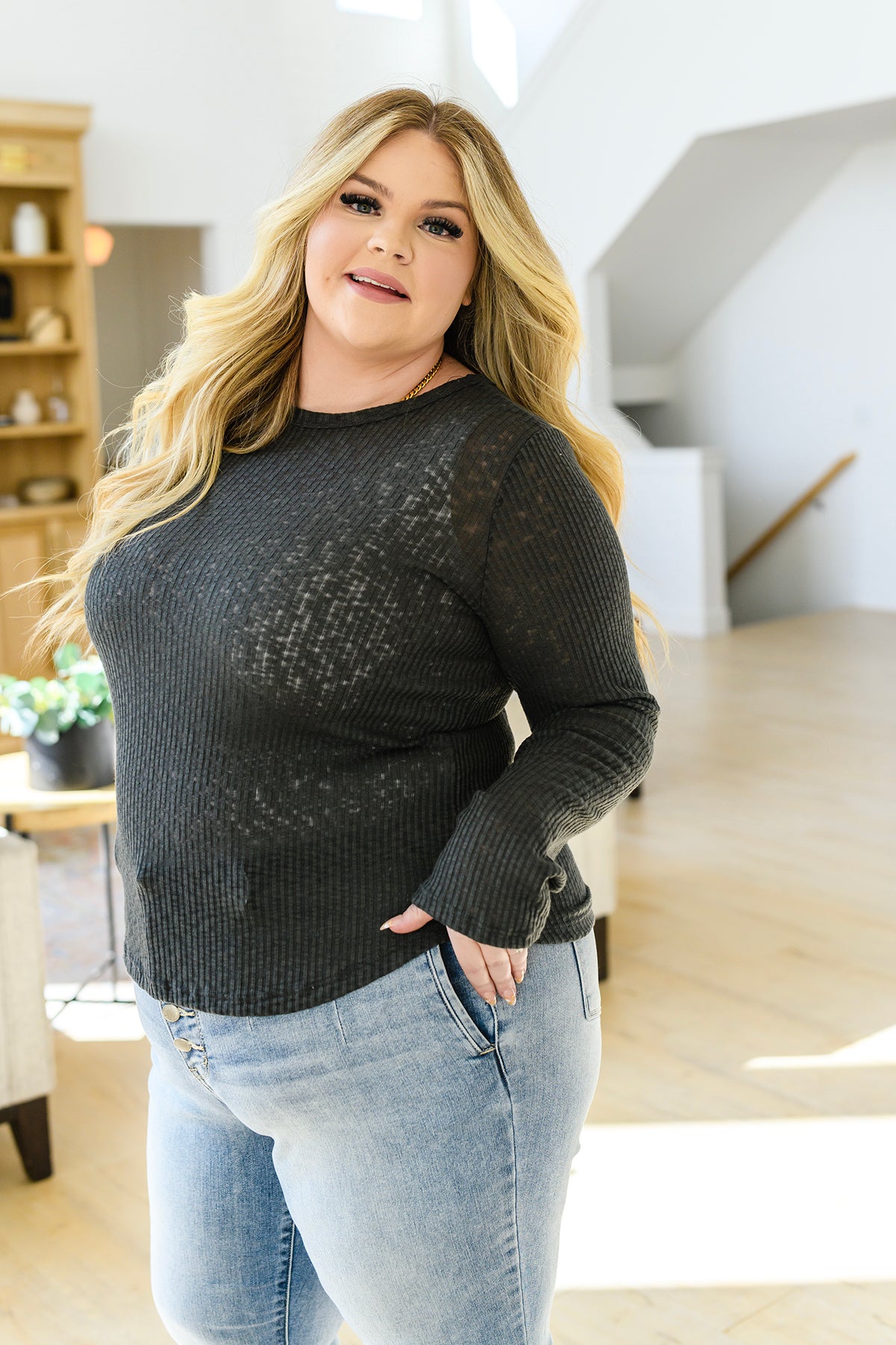 Little Talks Ribbed Long Sleeve Top in Charcoal - 3/23/2023
