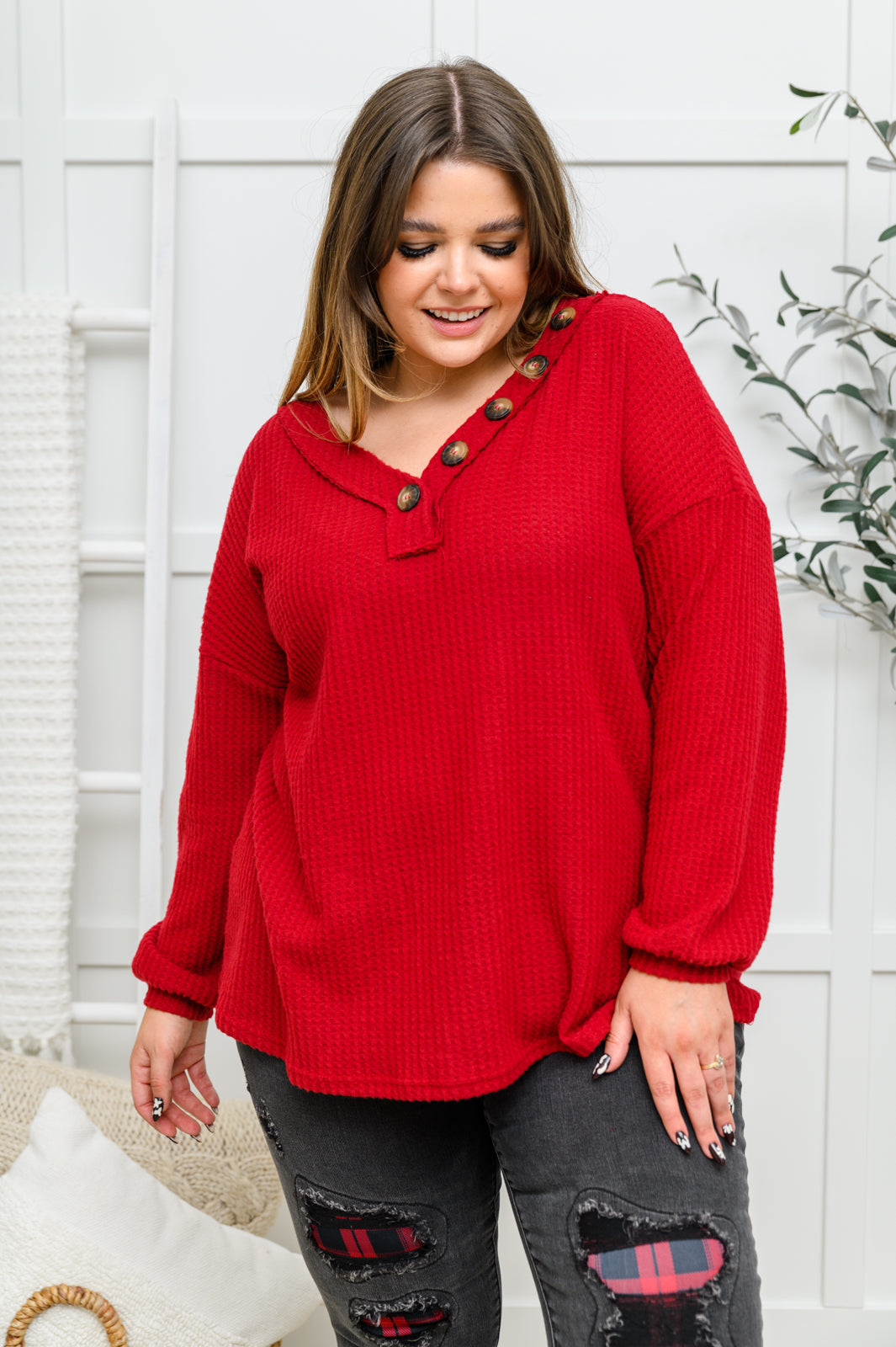 Long Sleeve Waffle Knit Top In Cranberry - 11/22/2022