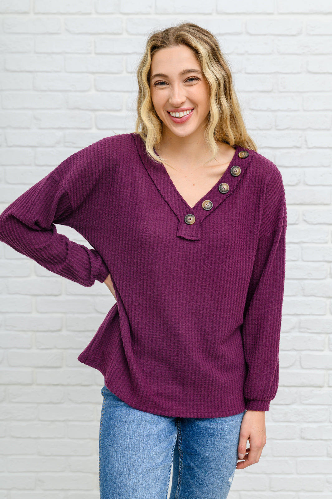 Long Sleeve Waffle Knit Top In Eggplant - 11/22/2022