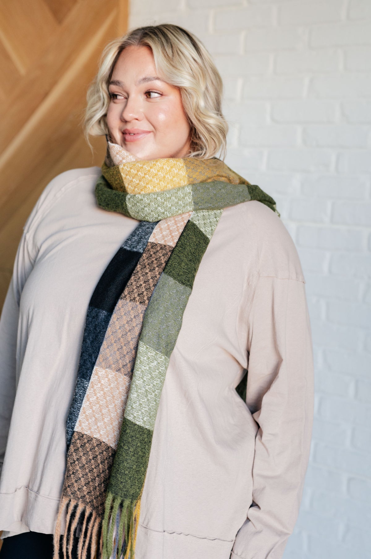 Keep Me Cozy Checkered Fringe Scarf in Woodland Shades - 12/6/2024