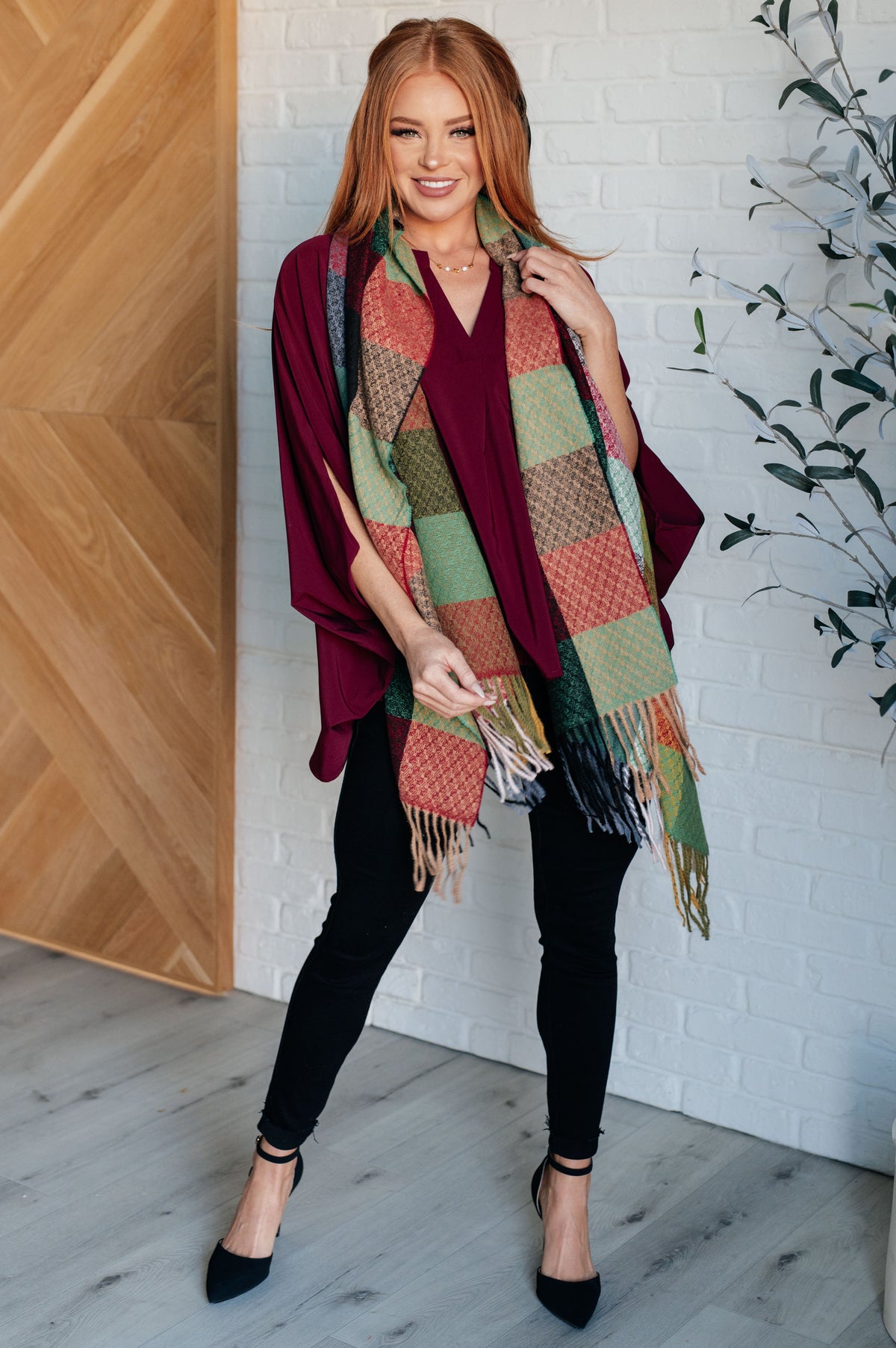 Keep Me Cozy Checkered Fringe Scarf in Berry - 1/9/2025