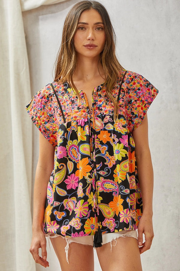FLEX: Multicolored Print Babydoll Top with Floral Embroidery - 6/5/2024