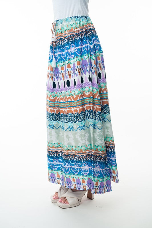 Printed Elastic Waist Band Long Skirt with Tassels in Sage Combo - 2/12/2026