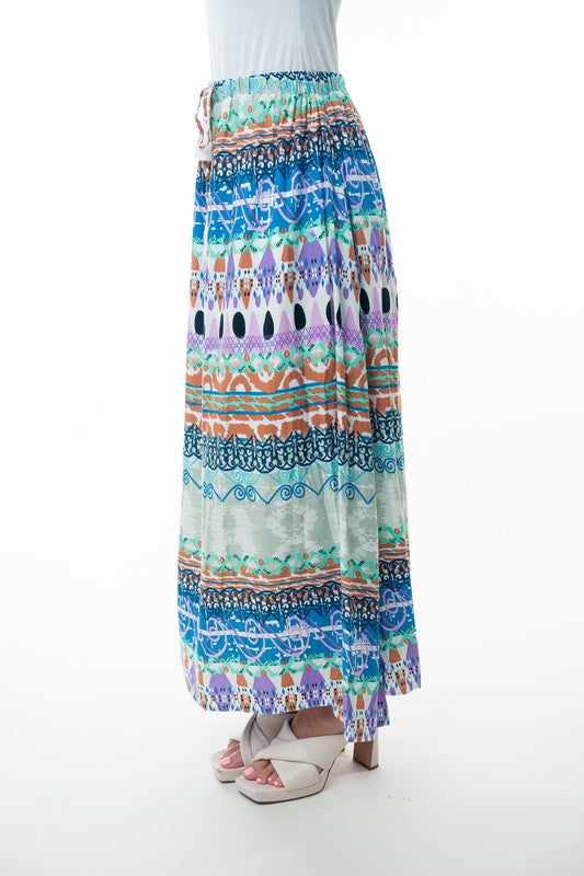 Printed Elastic Waist Band Long Skirt with Tassels in Sage Combo - 2/12/2026