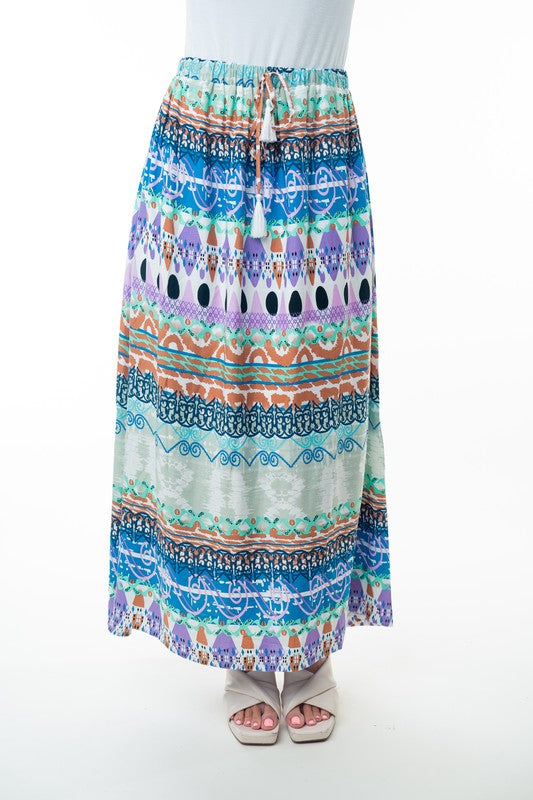 Printed Elastic Waist Band Long Skirt with Tassels in Sage Combo - 2/12/2026