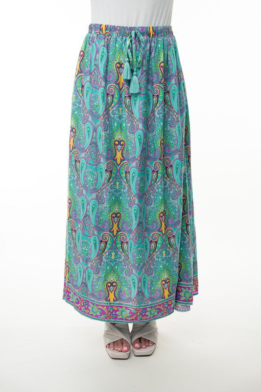 Printed Elastic Waist Band Long Skirt with Tassels in Mint Combo - 2/12/2026