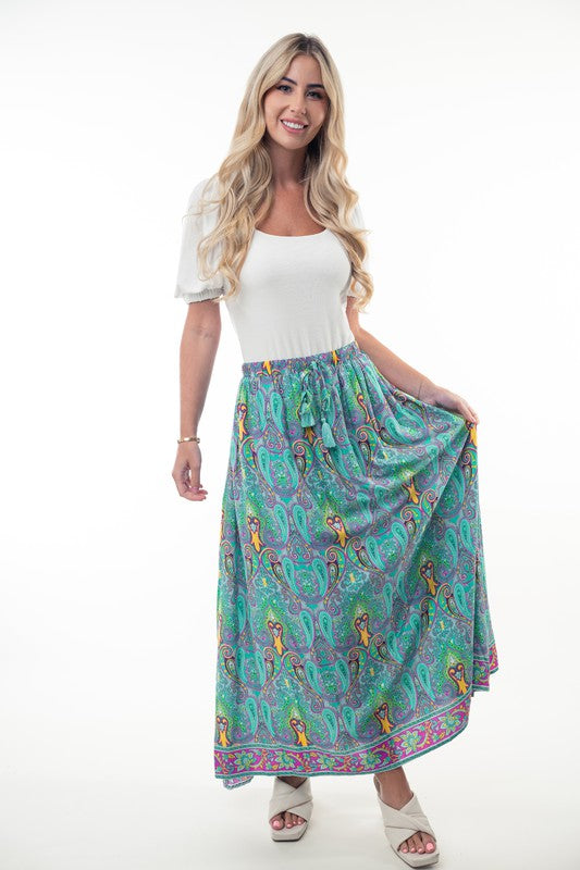 Printed Elastic Waist Band Long Skirt with Tassels in Mint Combo - 2/12/2026