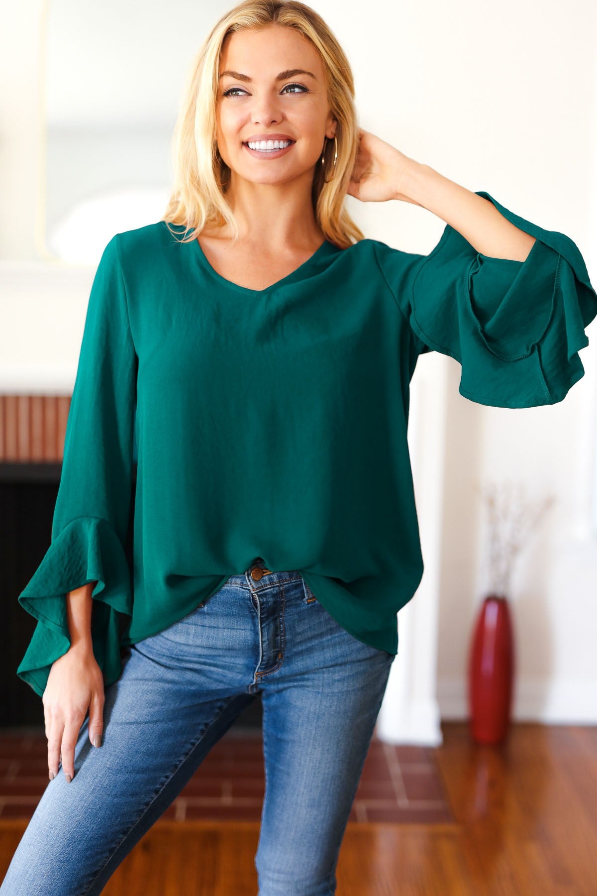 Three Quarter Sleeve Solid Woven Blouse Top