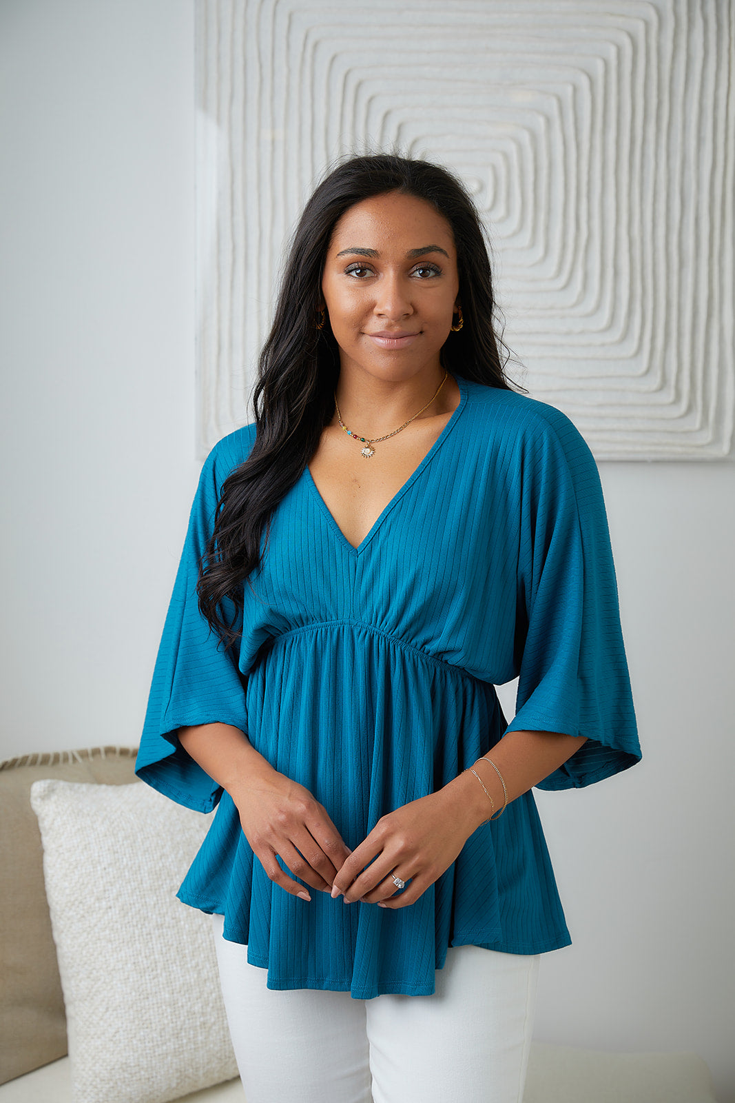 Storied Moments Draped Peplum Top in Teal - 5/19/2023