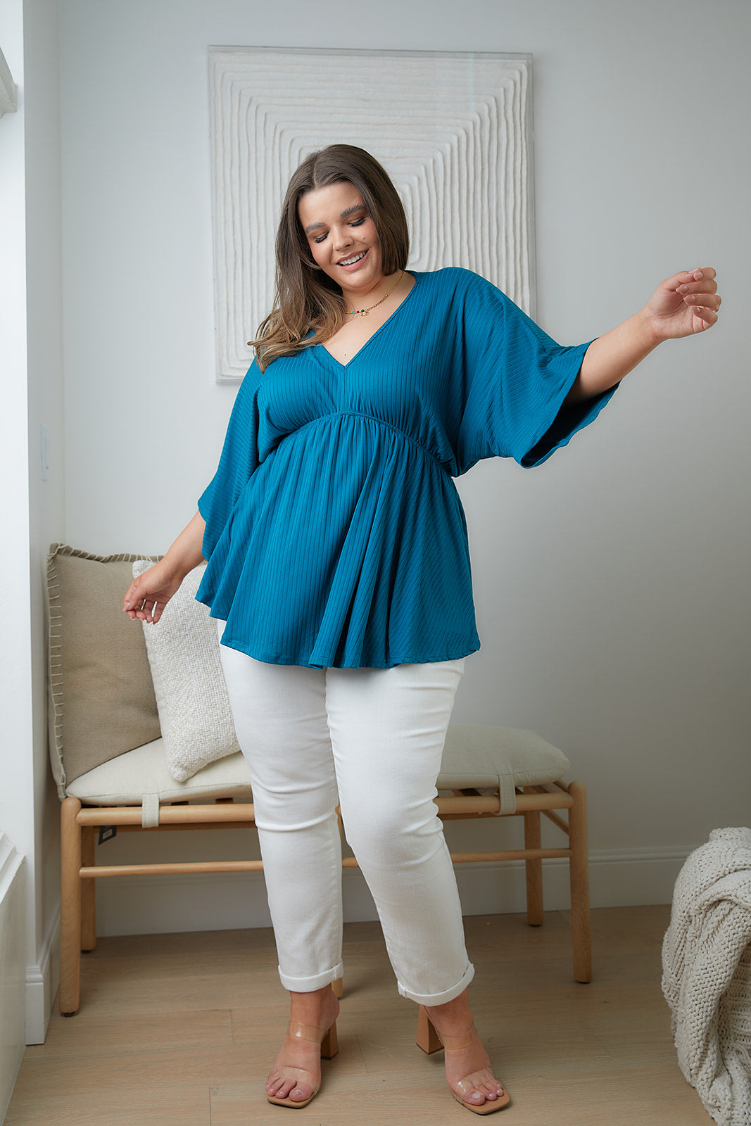 Storied Moments Draped Peplum Top in Teal - 5/19/2023