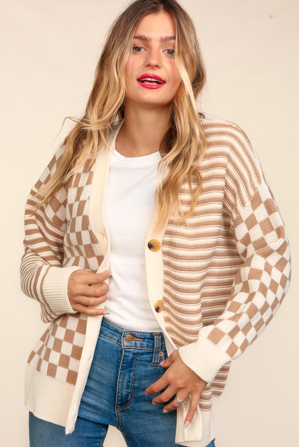 FLEX: Button Down Checker Stripe Sweater Cardigan - 6/5/2024