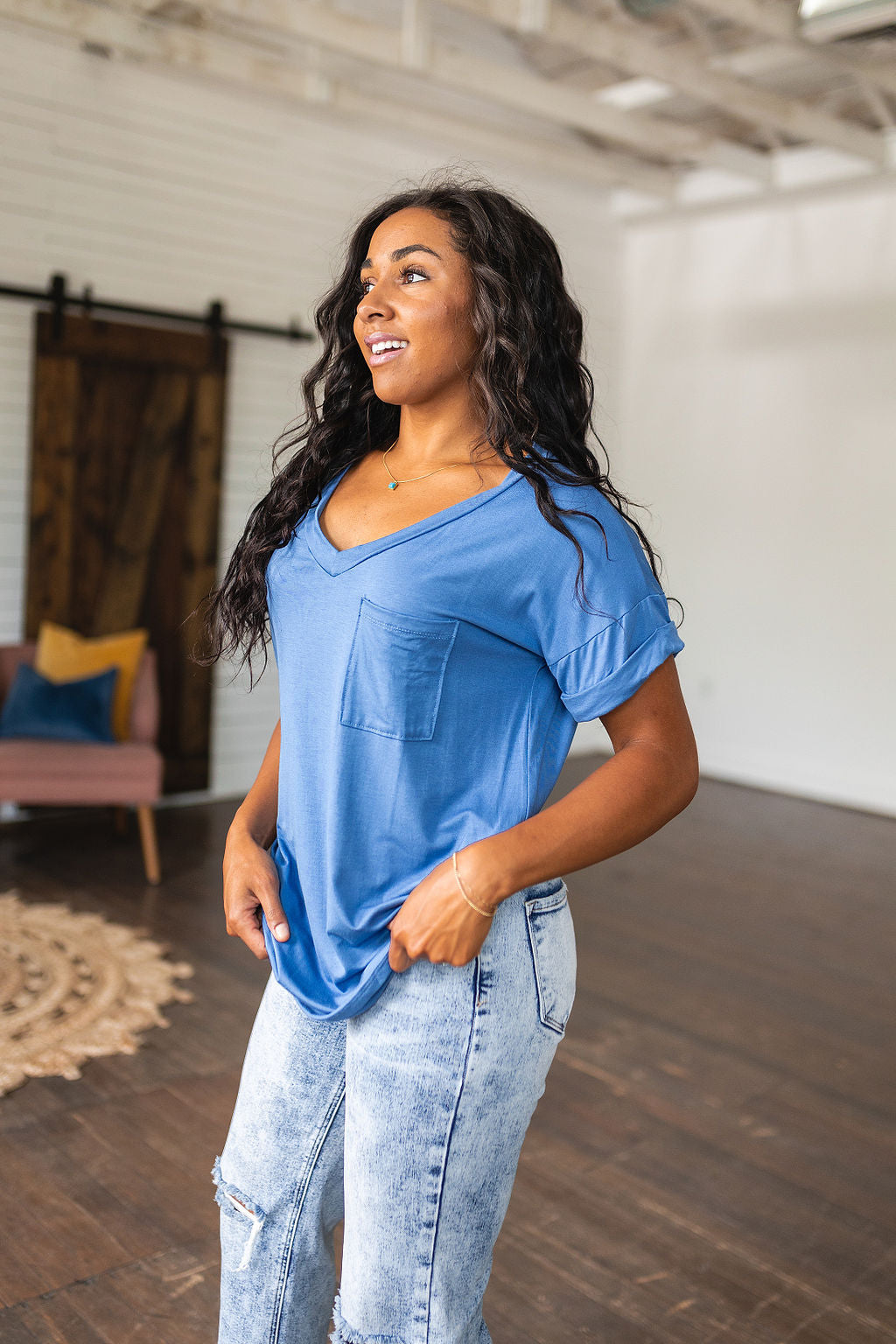 Absolute Favorite V-Neck Top in Azure - 7/14/2023
