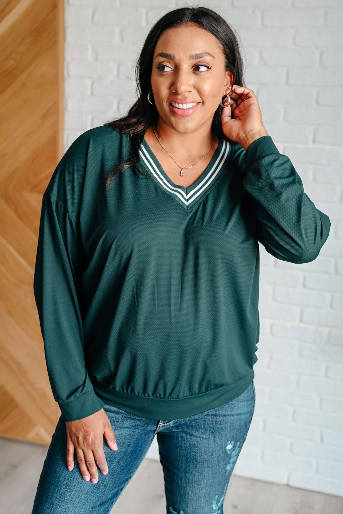 All Out Comfort V-Neck Pullover in Midnight Green - 8/15/2024