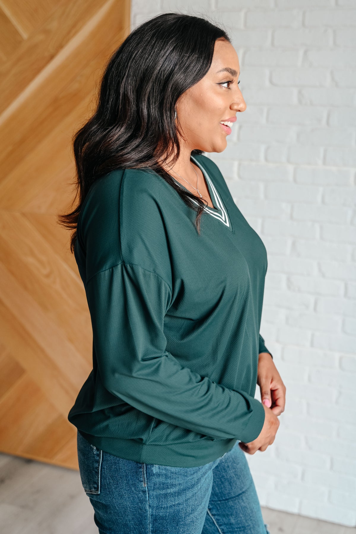 All Out Comfort V-Neck Pullover in Midnight Green - 8/15/2024