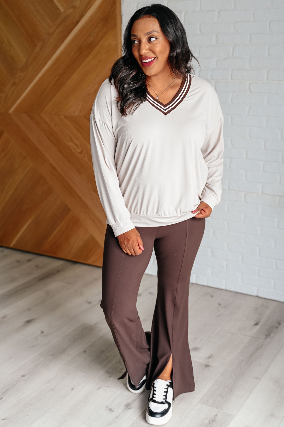 All Out Comfort V-Neck Pullover in Mocha Cream - 8/15/2024