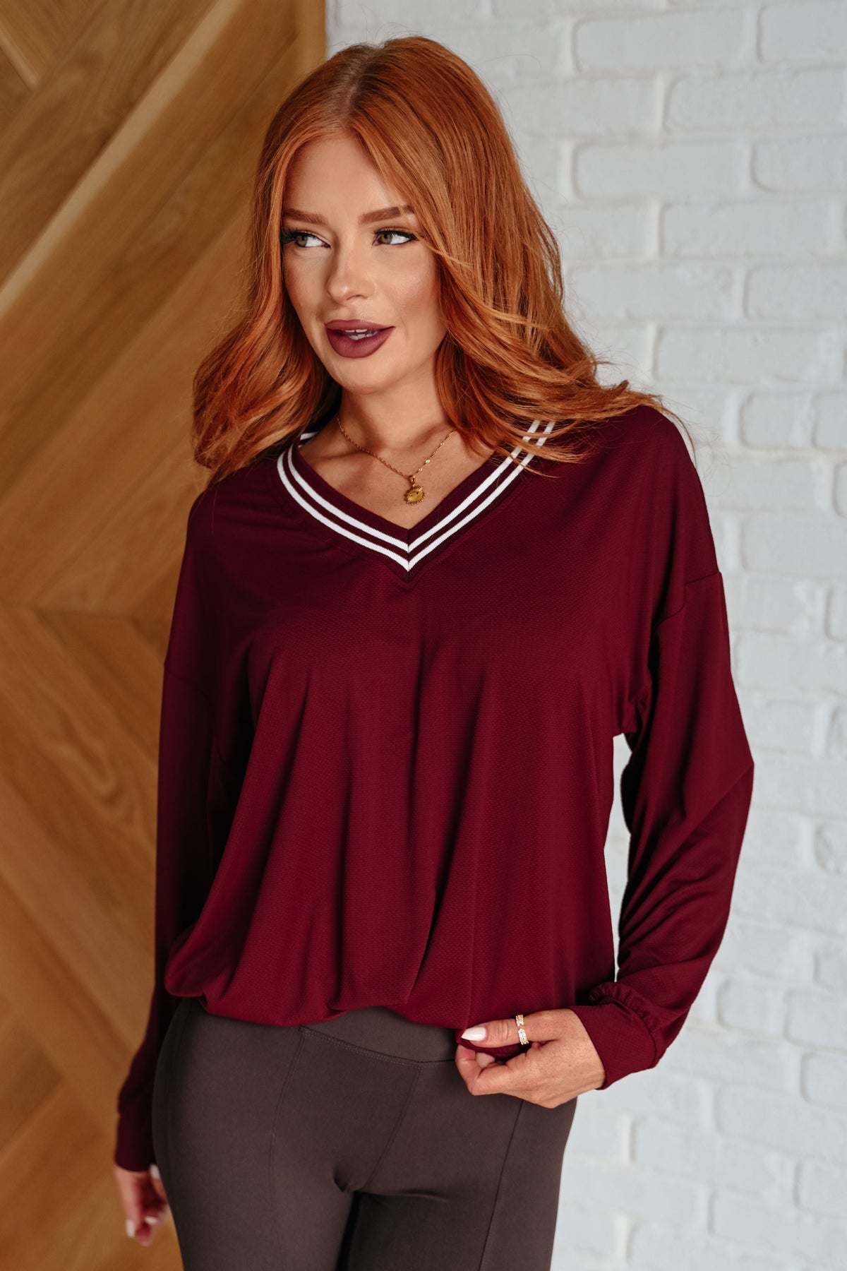 All Out Comfort V-Neck Pullover in Red Merlot - 8/15/2024