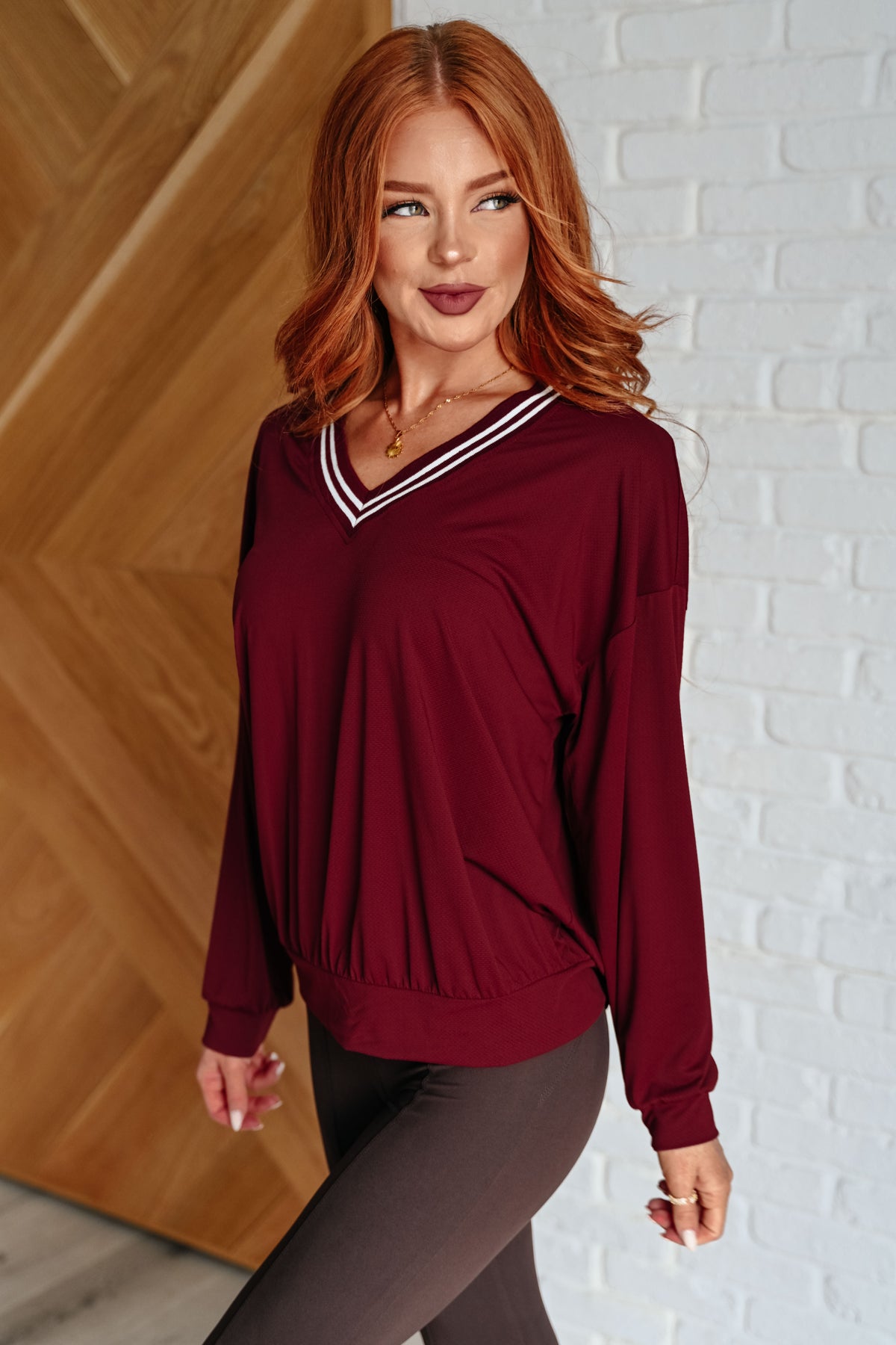 All Out Comfort V-Neck Pullover in Red Merlot - 8/15/2024