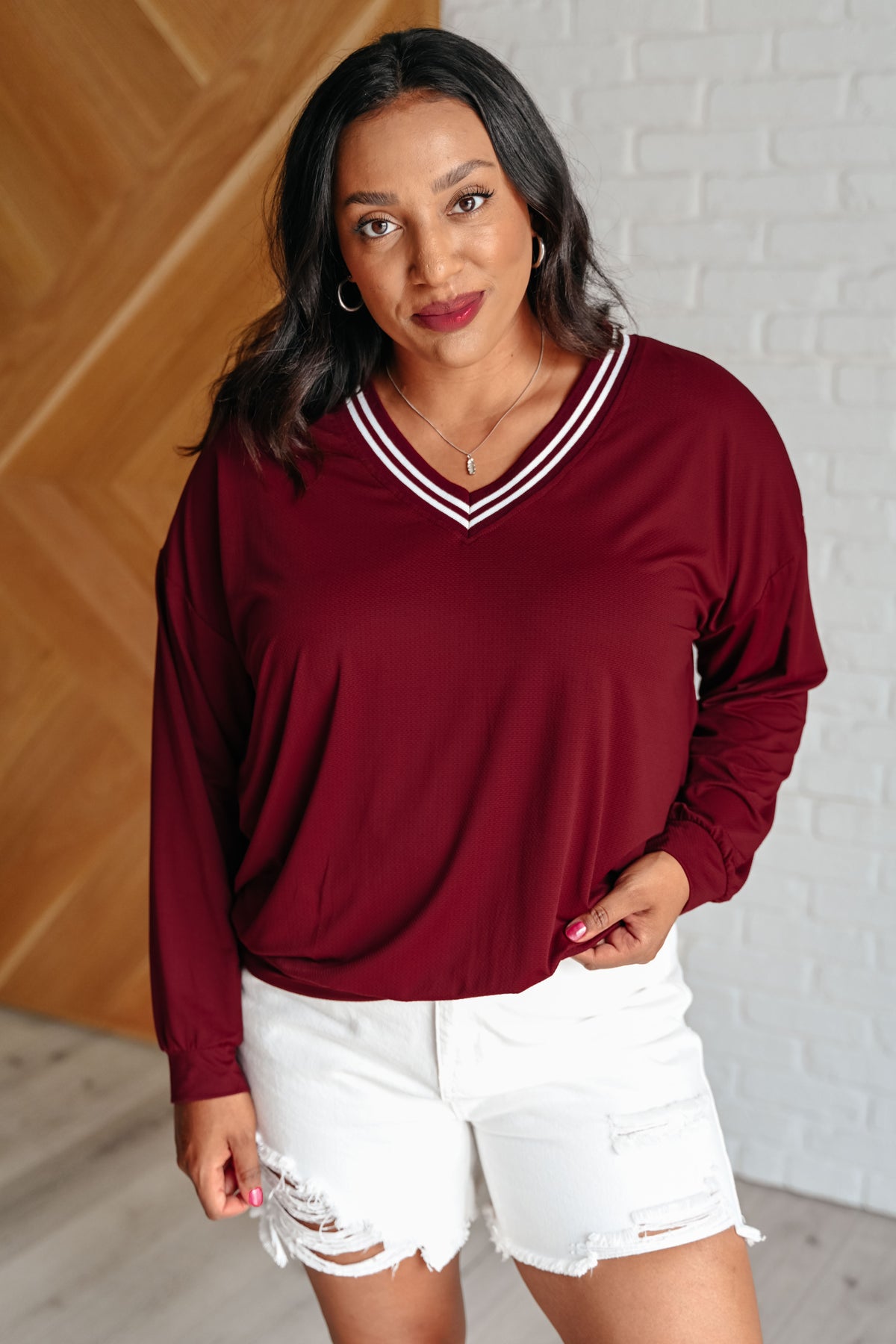 All Out Comfort V-Neck Pullover in Red Merlot - 8/15/2024