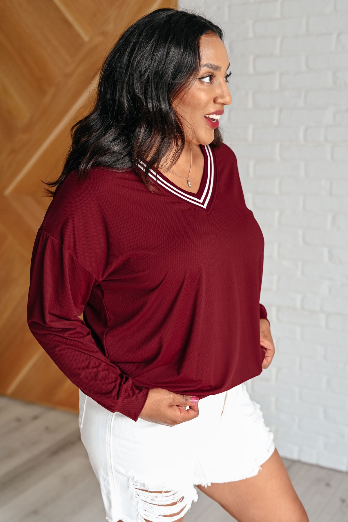 All Out Comfort V-Neck Pullover in Red Merlot - 8/15/2024