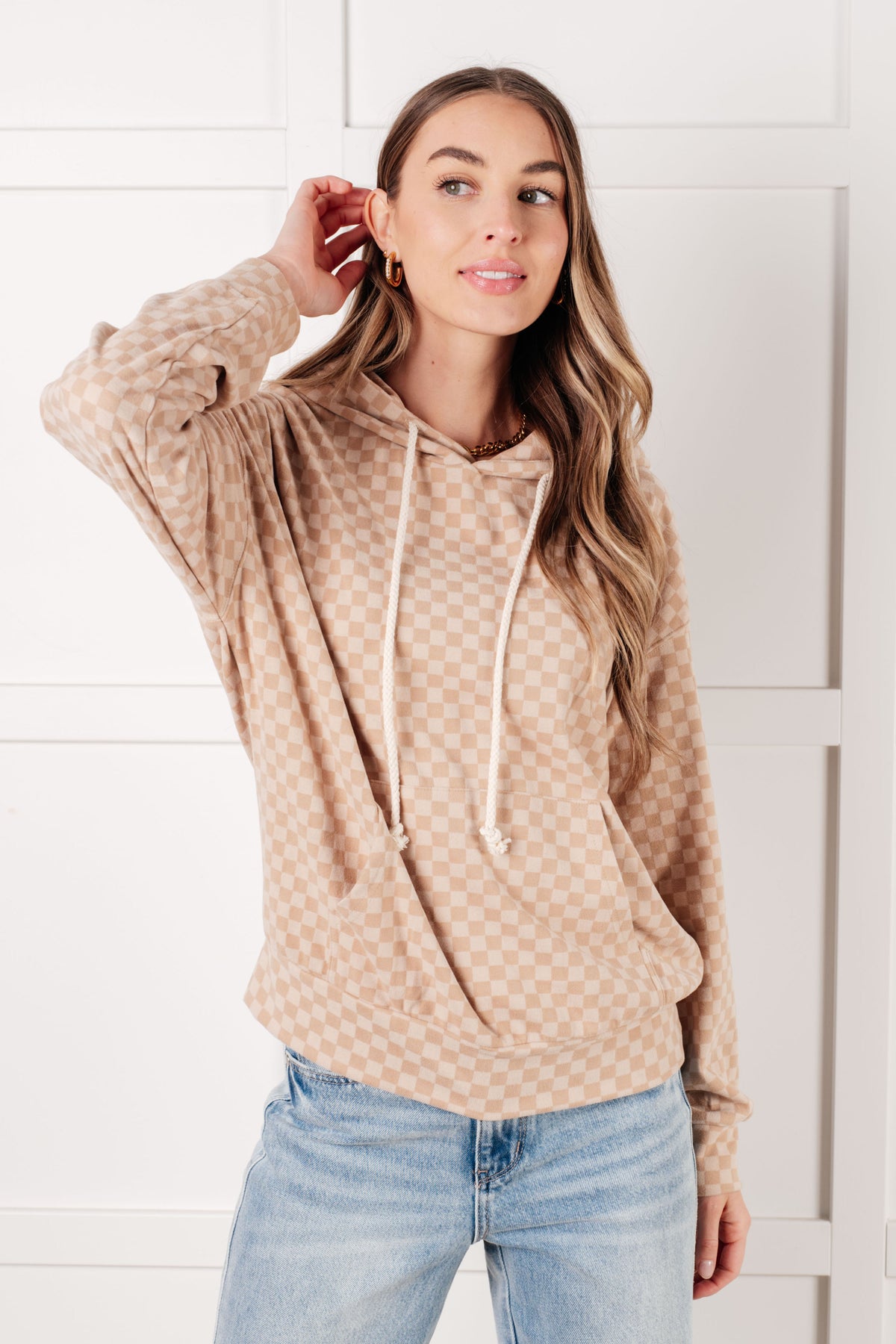 Ask Me Out Checkered Hoodie in Khaki - 1/21/2025