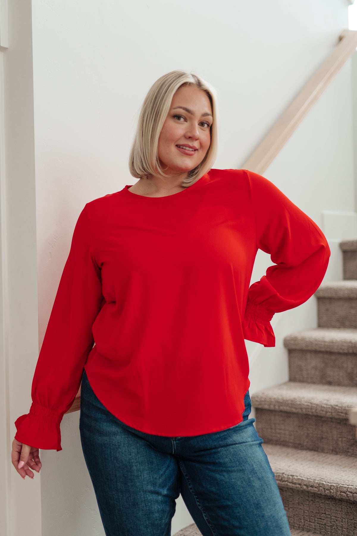 Peaceful Moments Smocked Sleeve Blouse in Red - 11/3/2023