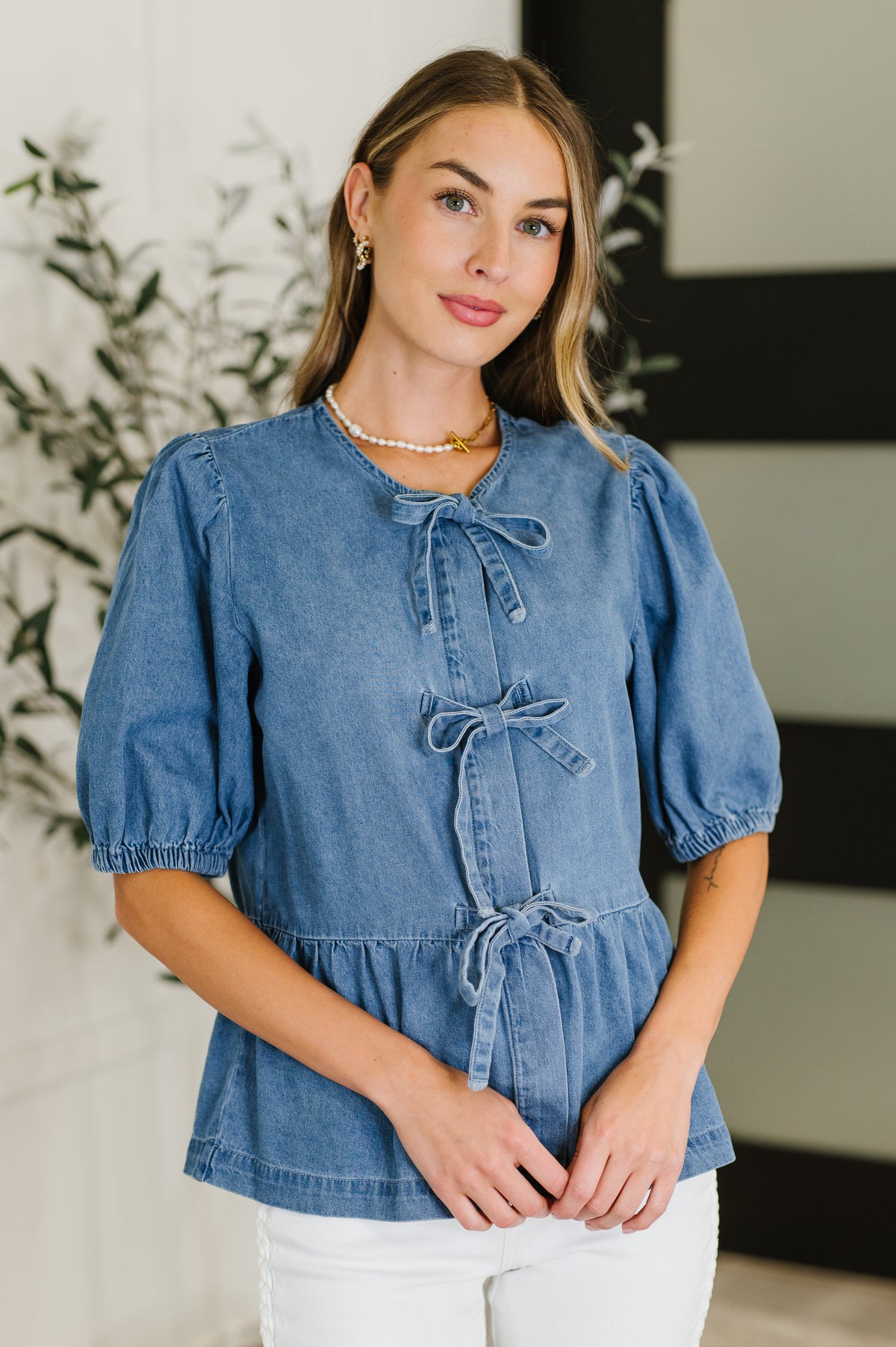 PREORDER: Balloon Sleeve Chambray Bow Blouse - Ships in 2-3 weeks