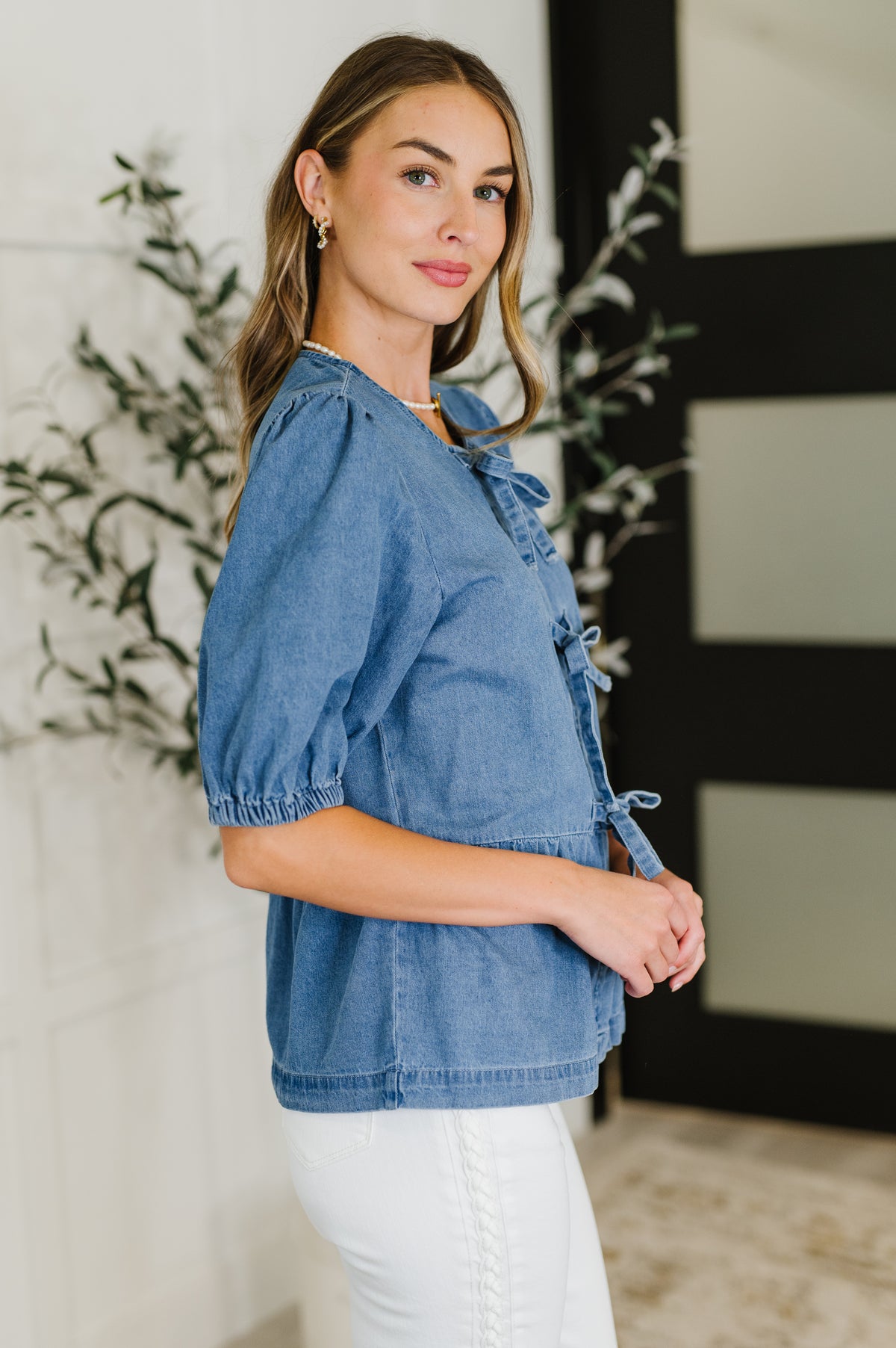 PREORDER: Balloon Sleeve Chambray Bow Blouse - Ships in 2-3 weeks