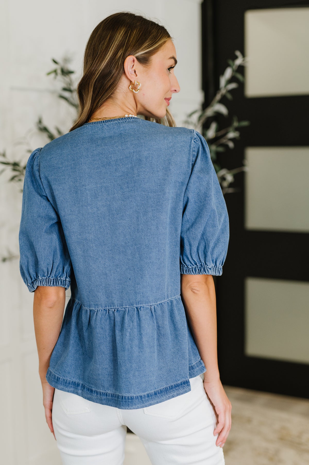 PREORDER: Balloon Sleeve Chambray Bow Blouse - Ships in 2-3 weeks