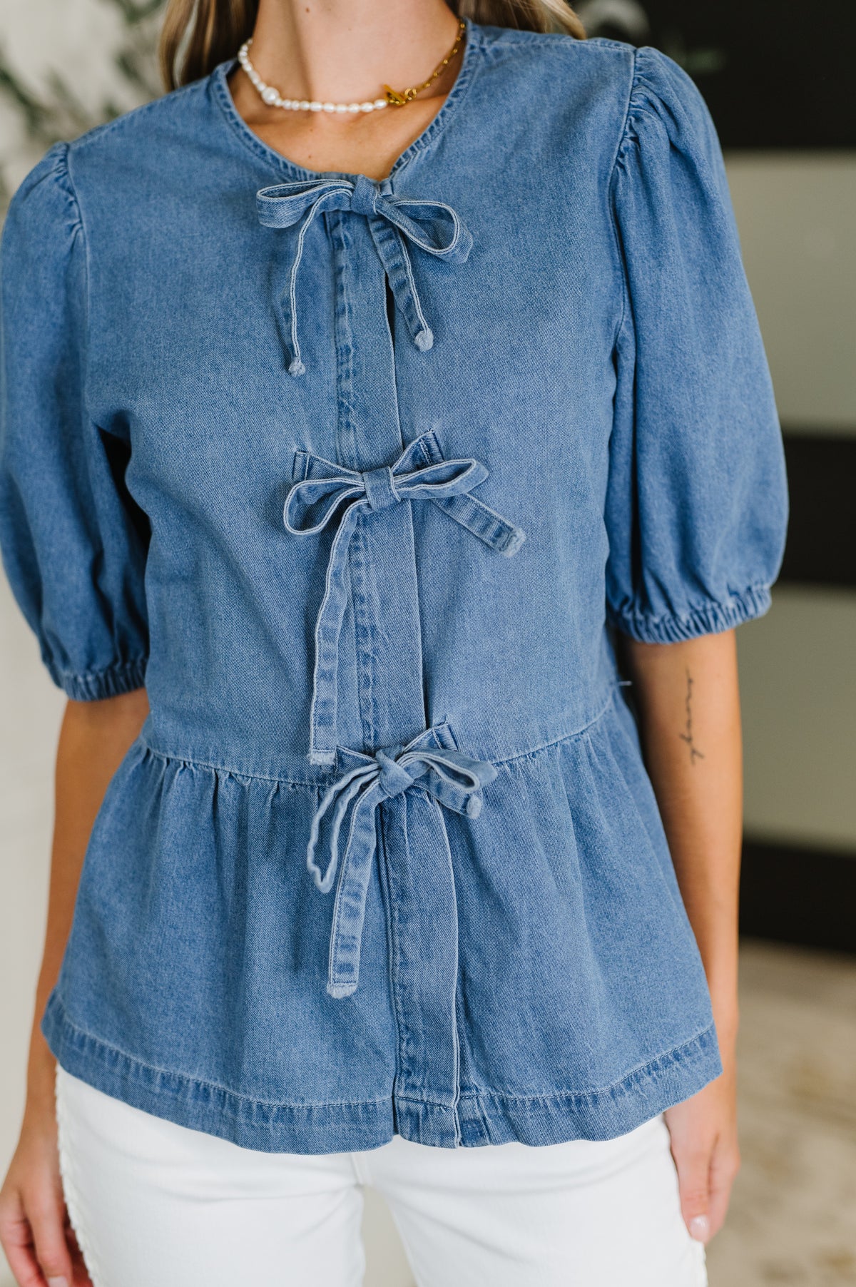 PREORDER: Balloon Sleeve Chambray Bow Blouse - Ships in 2-3 weeks