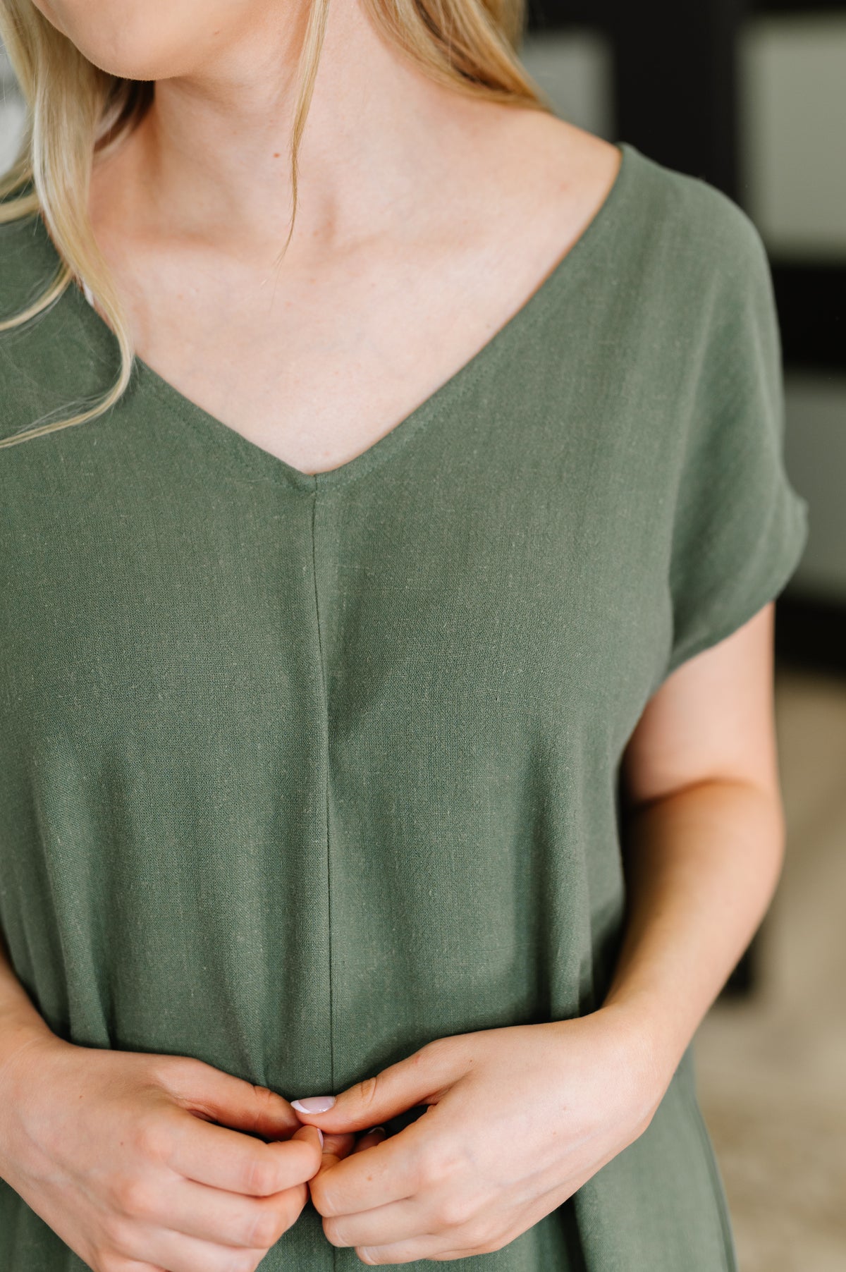 Barely Trying V-Neck Relaxed Dress in Gray Green - 6/17/2025 NEW