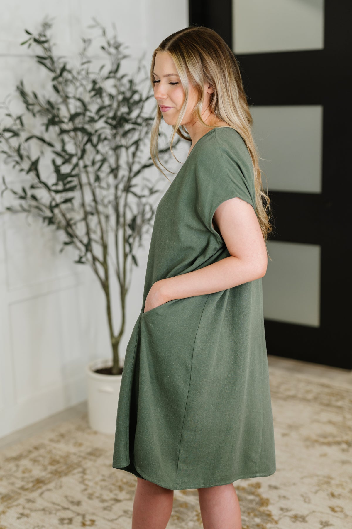 Barely Trying V-Neck Relaxed Dress in Gray Green - 6/17/2025 NEW