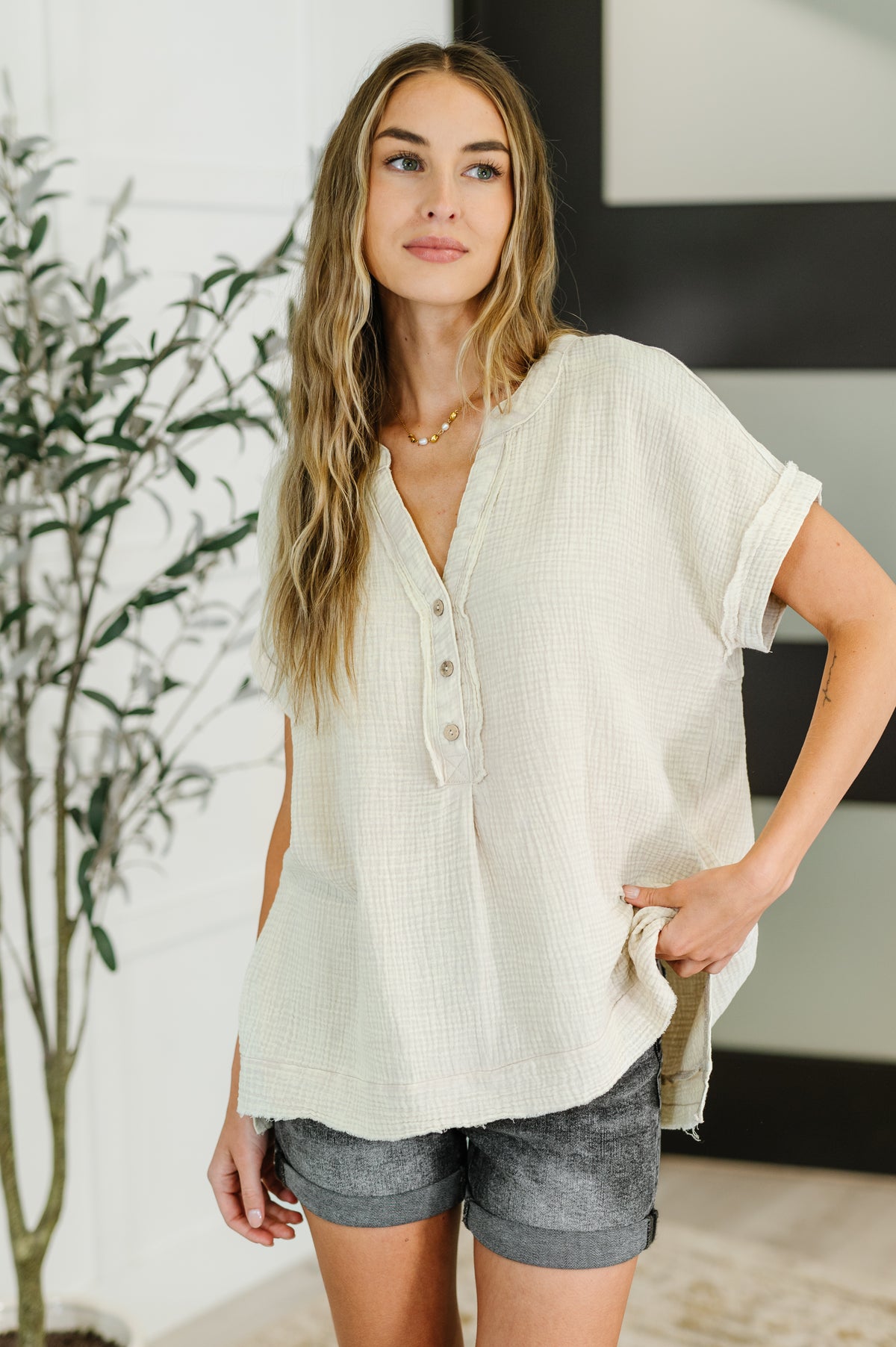 Basic Fade V-Neck Acid Wash Top in Sand Beige - 6/4/2025