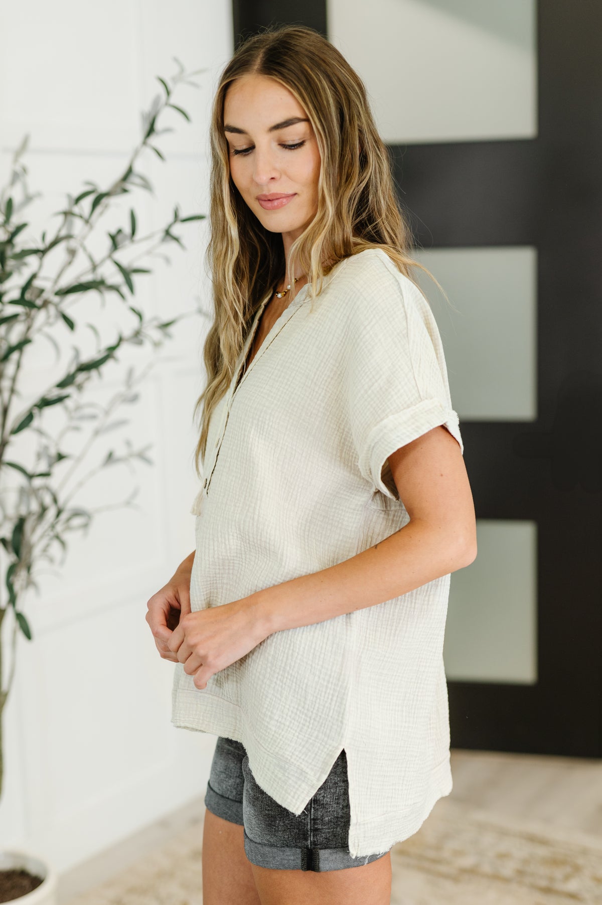 Basic Fade V-Neck Acid Wash Top in Sand Beige - 6/4/2025