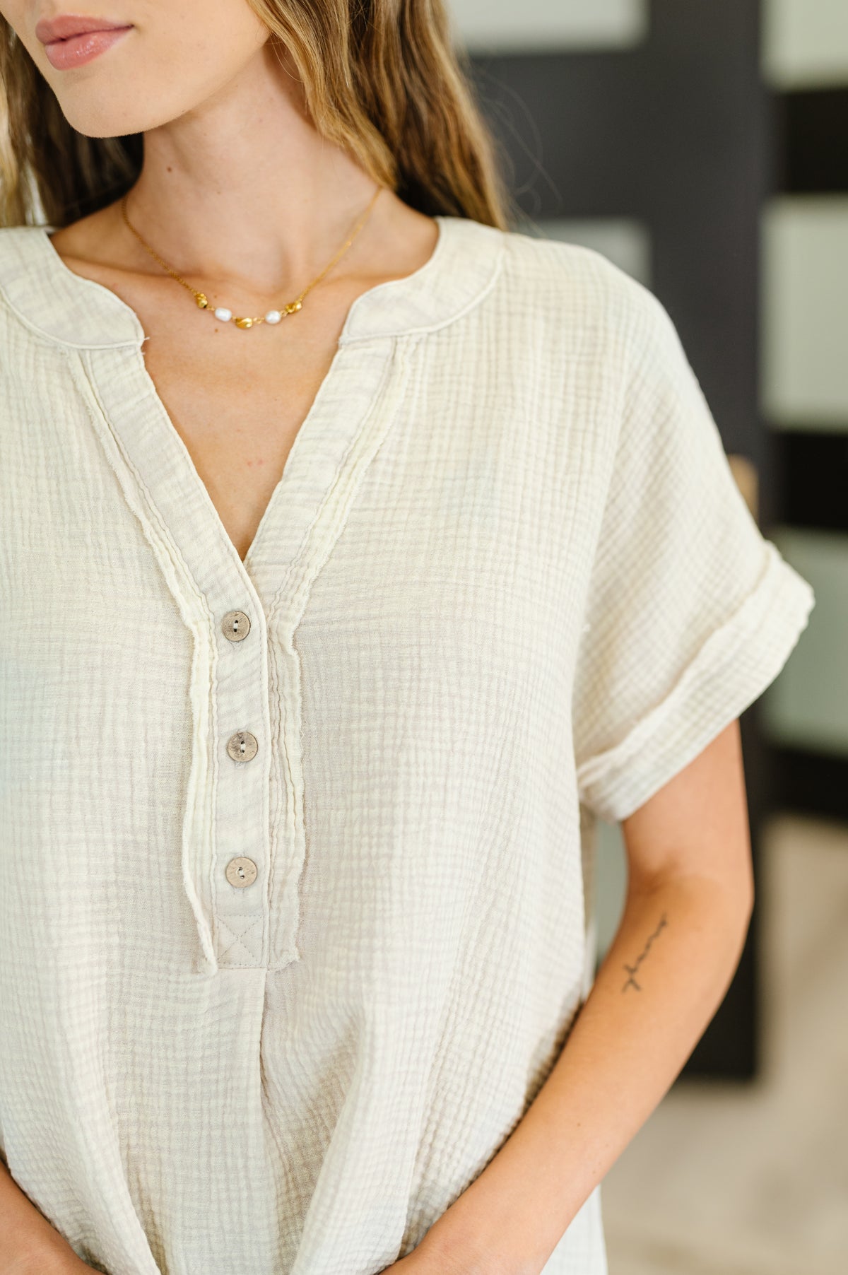 Basic Fade V-Neck Acid Wash Top in Sand Beige - 6/4/2025